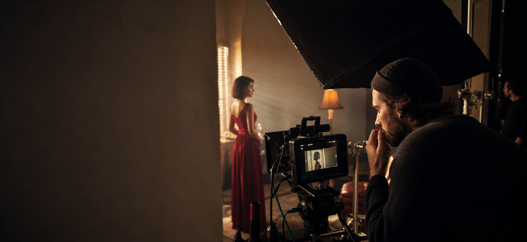 Cinematic production photograph showing a director shaping a scene with camera and lighting tools in a controlled set environment.